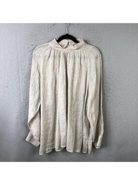 HOMEFROCKS Tunic Top Womens L Beige 100% Linen High Neck Boho Beach Relaxed